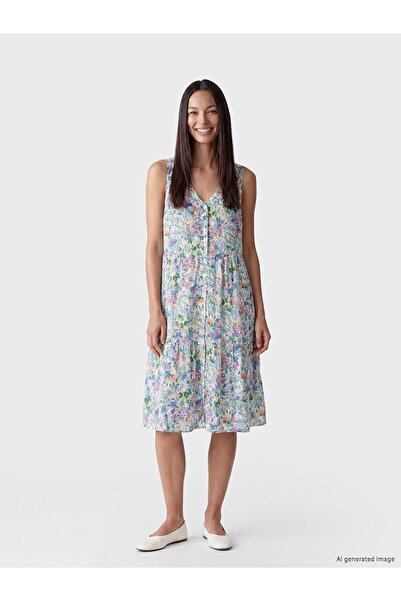 LC Waikiki Lcw Everyday Pink V-Neck Floral Layered Midi Dress