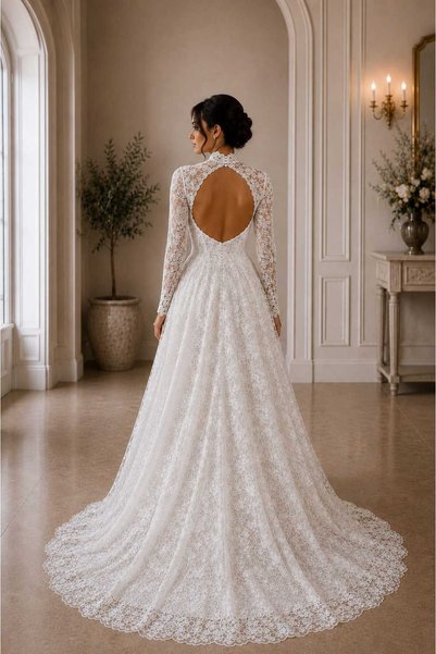 TuZeGiyim French Lace A-Line Skirt with Detachable Bolero Jacket Detailed Lace Long Sleeve Lace Wedding Dress