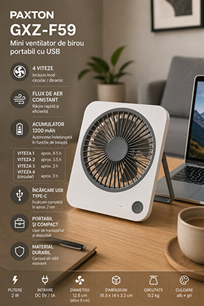 AER Настолен вентилатор Paxton GXZ-F59 mini, USB Type-C, 1200 mAh батерия, 4 ...