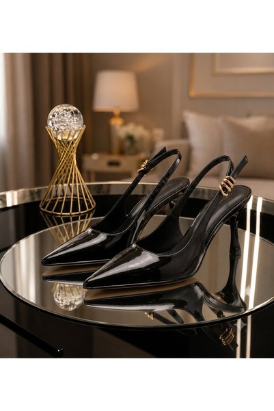 rephro store Black Patent Leather Pointed-Toe Open-Back Women's Evening Shoes