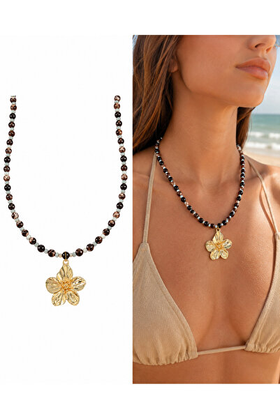 Arsaley Collection Black Flower Charm Summer Bead Women's Necklace