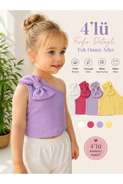 HEREN 4lü Kız Çocuk Tek Omuz Fiyonk Detaylı Yazlık Crop Bluz Fitilli Esnek Ku...