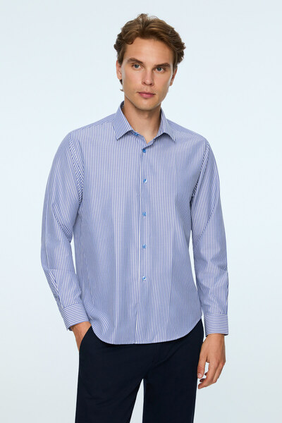 Morven Men's Blue Polyester Trendy Striped Dynamic Fit Hard Collar Shirt