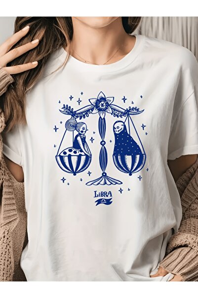 STITCHLY تي شيرت نسائي بتصميم الرسمة الفلكية للتوازن مع رمز الميزان باللون ال...