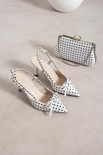 dabab shoes Polkia Polka Dot Patterned White Satin Bow Detailed Pointed Toe S...