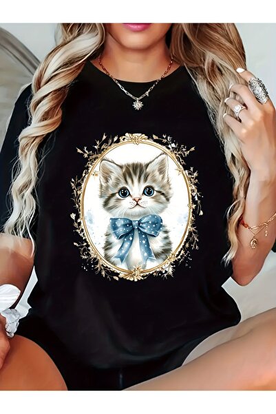 STITCHLY تي شيرت نسائي بتصميم قطة لطيفة، قماش قطني ناعم، تي شيرت كاجوال برقبة...