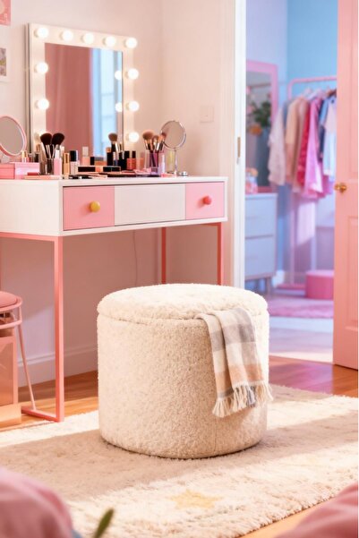 Exent ✨ Sandıklı Peluş Puf 40x40x42 cm Dekoratif Oturma Pufu Makyaj Masası Ta...