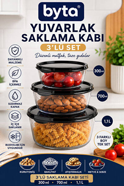 BYTA 3-Piece Round Storage Container Set 300 ml + 700 ml + 1.1 L Transparent ...
