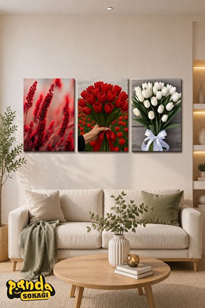 PANDA SOKAĞI 3-dijelni set drvenih UV štampanih slika sa temom crvenog tulipa...
