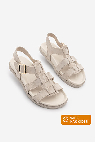Marjin Women's Genuine Leather Ankle Strap Striped Casual Sandals Sovena Beig...