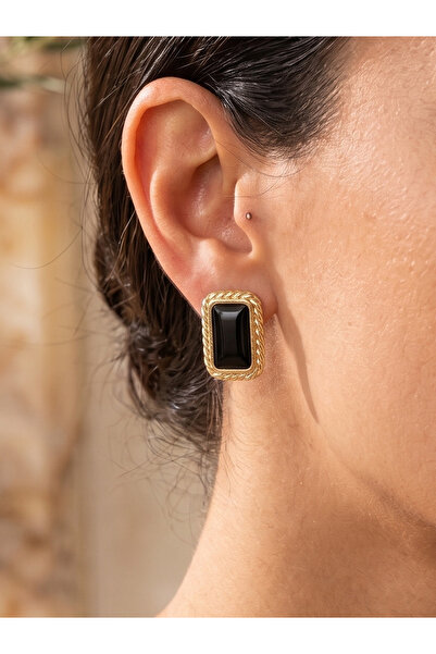 AURRARİ Gold Black Enameled Quadrilateral Twist Earrings
