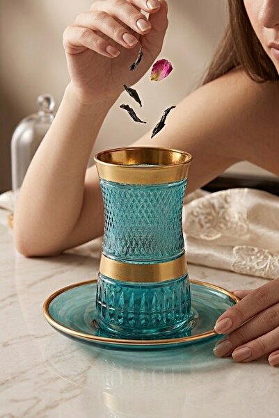 DECOSTYLE Matte Gold Heybeli 12 Piece Tea Set |   Stylishly Decorated Cup & S...