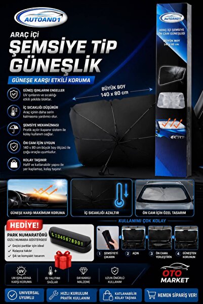 AUTOAND1 ARAÇ İÇİ ŞEMSİYE GÜNEŞLİK 140X80 cm + 1 ADET Forforlu Numaratör Hedi...