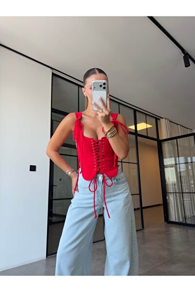 BB Bensu Buyruk Gold Zippered Lace-Up Corset Red