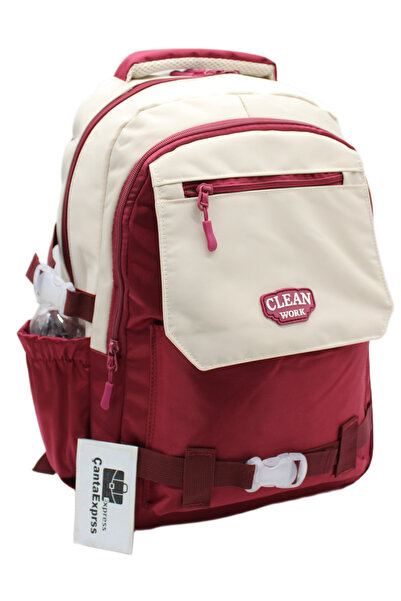 ÇantaExpress Multi-Compartment Beige-Burgundy School Backpack Unisex School B...
