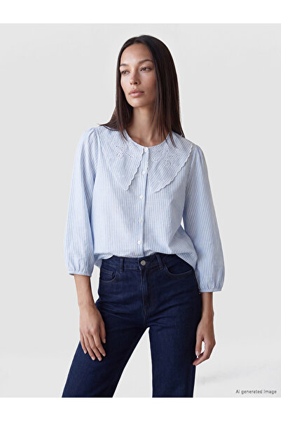 LC Waikiki Blue Baby Collar Embroidered Women's Shirt