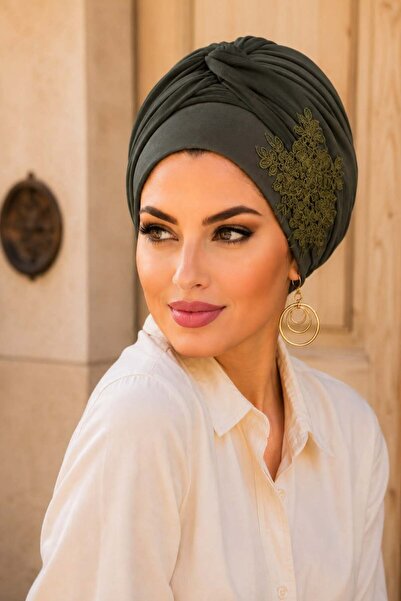 Aişe tesettür Khaki Embroidered Ready-To-Wear Twisted Detailed Bonnet
