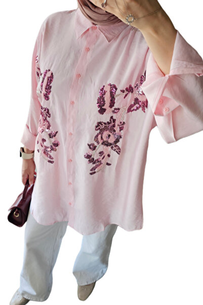 ASELA. ASELA Pembe Payet İşlemeli Oversize Kadın Tesettür Gömlek Tunik