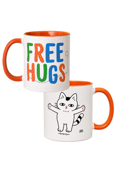 Kedi Temalı Seramik Kupa – Free Hugs Tasarımlı Kahve Kupası