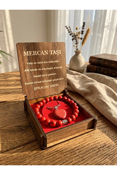 Meneva Aksesuar Coral Stone Natural Stone Necklace with Wooden Box, Bracelet Set