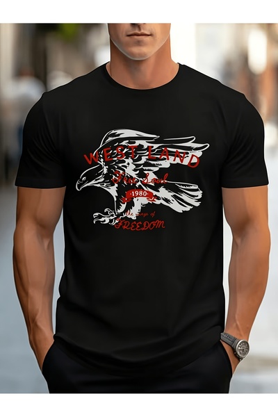 12 Teknoloji Men's Pure Cotton T-shirt, Featuring a Vintage Western Eagle Pri...