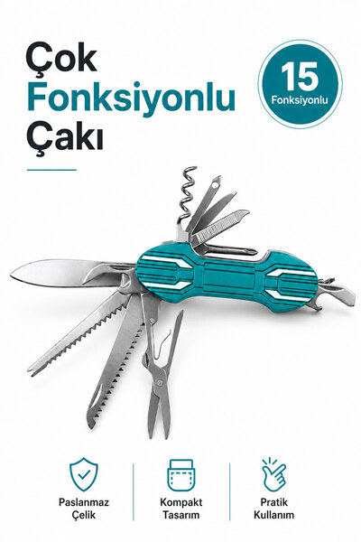 Badem10 Çok Amaçlı 15 Fonksiyonlu Kamp Piknik Çakısı Paslanmaz Çelik Cep Tipi...