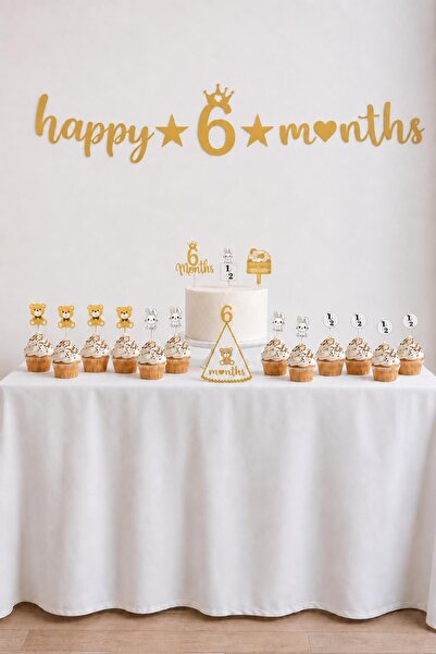 Patladı Gitti 6 Ay Temalı Bebek Parti Seti Gold – Happy 6 Months Banner, Past...