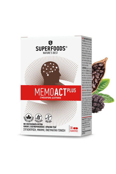 SUPERFOODS Memoact Plus Συμπλήρωμα Διατροφής για Μνήμη, Συγκέντρωση &amp; Πνε...