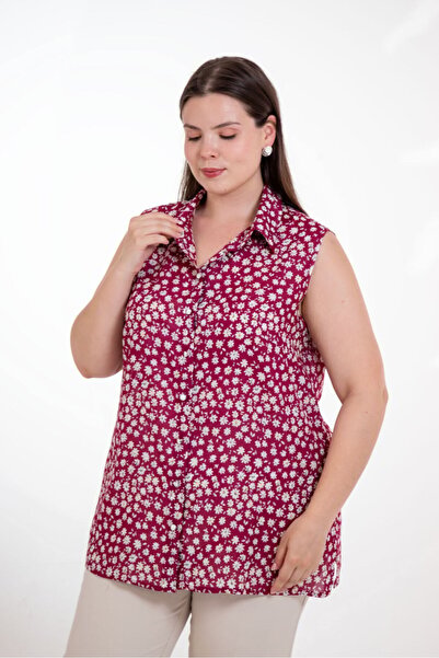 Roxxlen Women's Plus Size Patterned Sleeveless Blouse Navy Blue