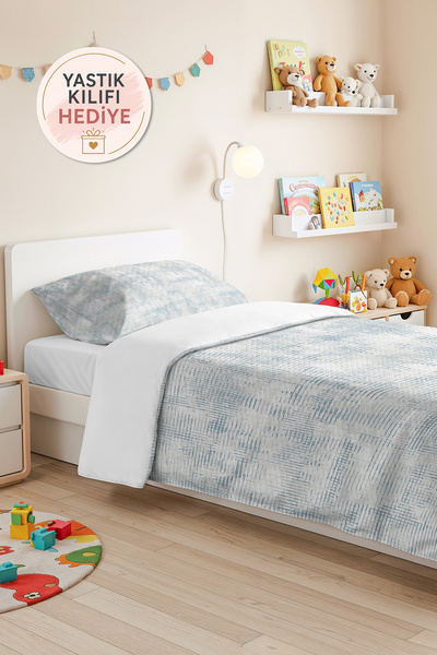 Evimde Bambaşka Blue Geometric Modern Single Duvet Set - White Minimal Stripe...