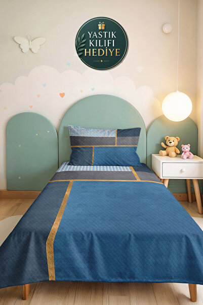 Evimde Bambaşka Blue Geometric Modern Young Room Single Pique Set - Gray Gold...
