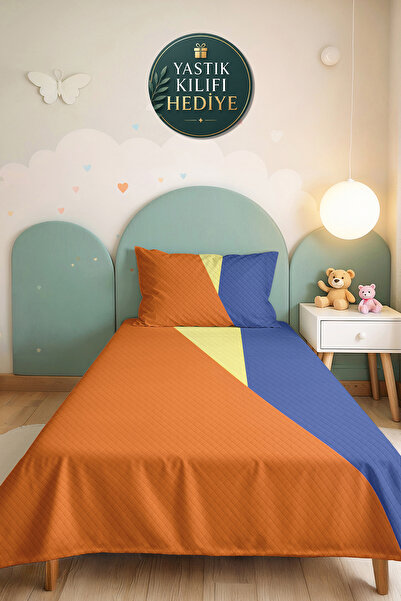 Evimde Bambaşka Geometric Blue Young Room Single Pique Set-Hardal Yellow Mode...