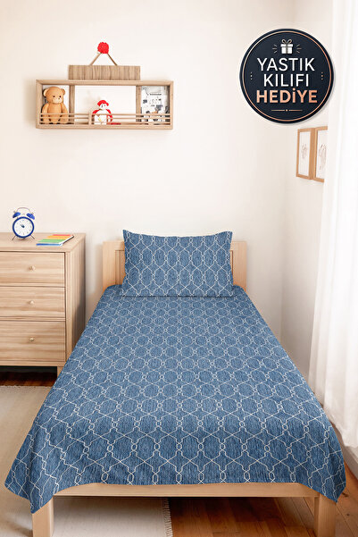 Evimde Bambaşka Blue Geometric Modern Single Duvet Set - White Striped Nordic...