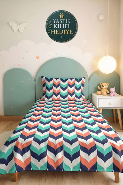 Evimde Bambaşka Geometric Navy Blue Youth Room Single Pique Set - Mint Salmon...