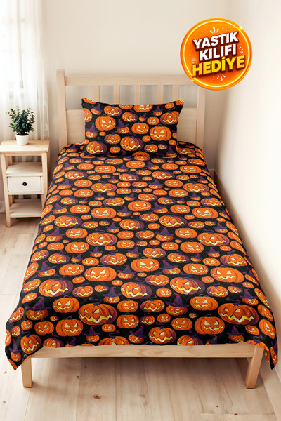 Evimde Bambaşka Set de lenjerie de pat individuală portocalie de Halloween - ...