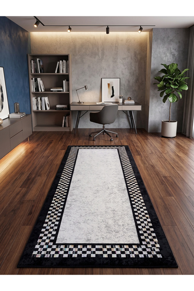Brillant Damalı Kaymaz Taban 70x160 Halı - Gri-siyah