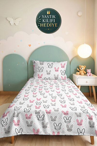Evimde Bambaşka Rabbit Pink Girls' Decorative Pique Set - Cute Gray Baby Room...