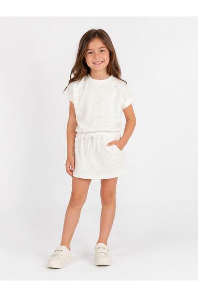 Kidscocuk Girl's Pearl Detailed T-Shirt Skirt Set with Pockets and Elastic Wa...