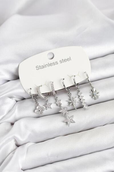 Clariss 316L Steel Silver Color Zircon Stone Star Detailed Women's Earring Set