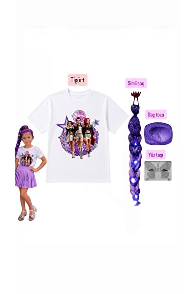 bemora kids kpop baskılı huntrix iblis avcıları baskılı tişört + rumi mor sim...