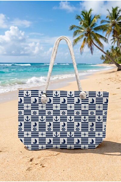 hazelin Women's Navy Blue Marine Print Large Size Beach Bag Hzl26S-Tt01