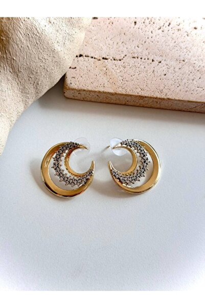 ANKA JEWELLRY أقراط نسائية من الفولاذ باللون الذهبي على شكل هلال مرصعة بحجر ا...