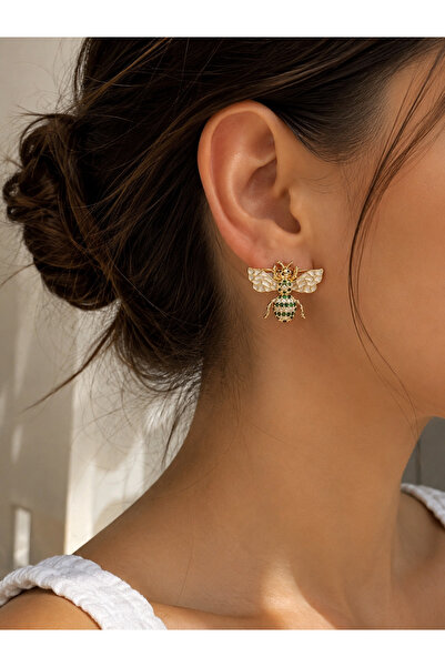 ANKA JEWELLRY Women's Steel Bee Designed Green Stone Earrings