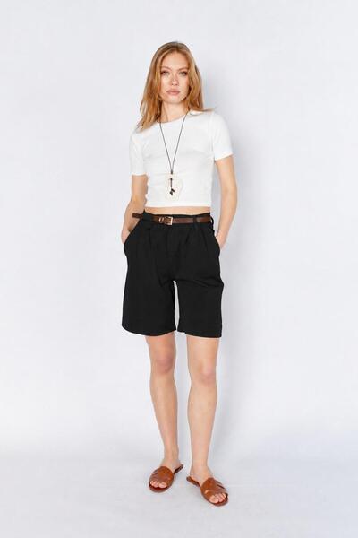 TENA Women's Black Lycra Gabardine Midi Shorts with Belt