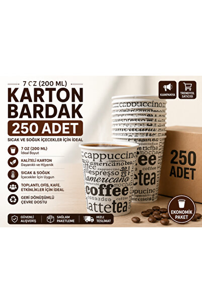 250'li 7 Oz Karton Bardak 200 ml Dayanıklı Tek Kullanımlık Bardak
