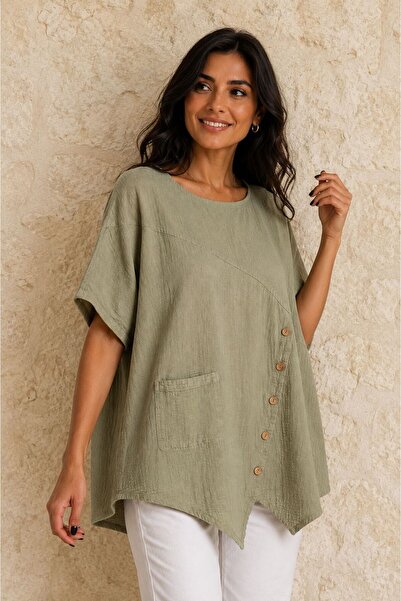 AGORATEKSTİL Women's Button Detailed Pocketed Cotton Oversize Blouse 44-50