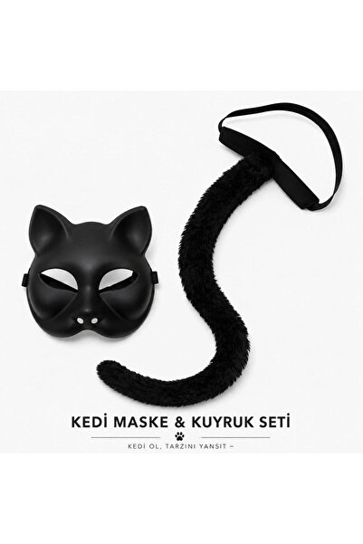 Mestore Black Cat Mask and Plush Tail Costume Set 70 cm