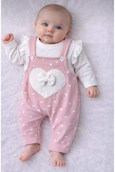 aykidsclup Baby Girl 2-Piece Salopet Set – Heart-Print Strap Jumpsuit & Ruffl...