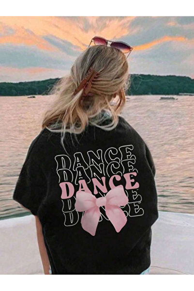 cc collection Girl's Black Oversize T-Shirt with Back Print and Dance Bow Det...