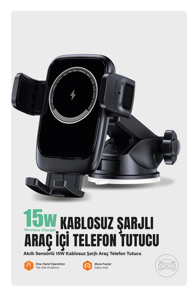 Kensa 15W Kablosuz Şarj Destekli Sensörlü 360° Ayarlanabilir Araç İçi Telefon...